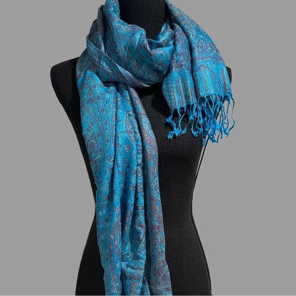 Elegant Shawl in Turquoise Blue Paisley - Versatile Wrap, Scarf, Veil Soft Rayon - Picture 1 of 16